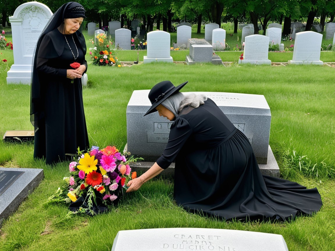 Women at Cemetery Honoring Loved One with Flowers