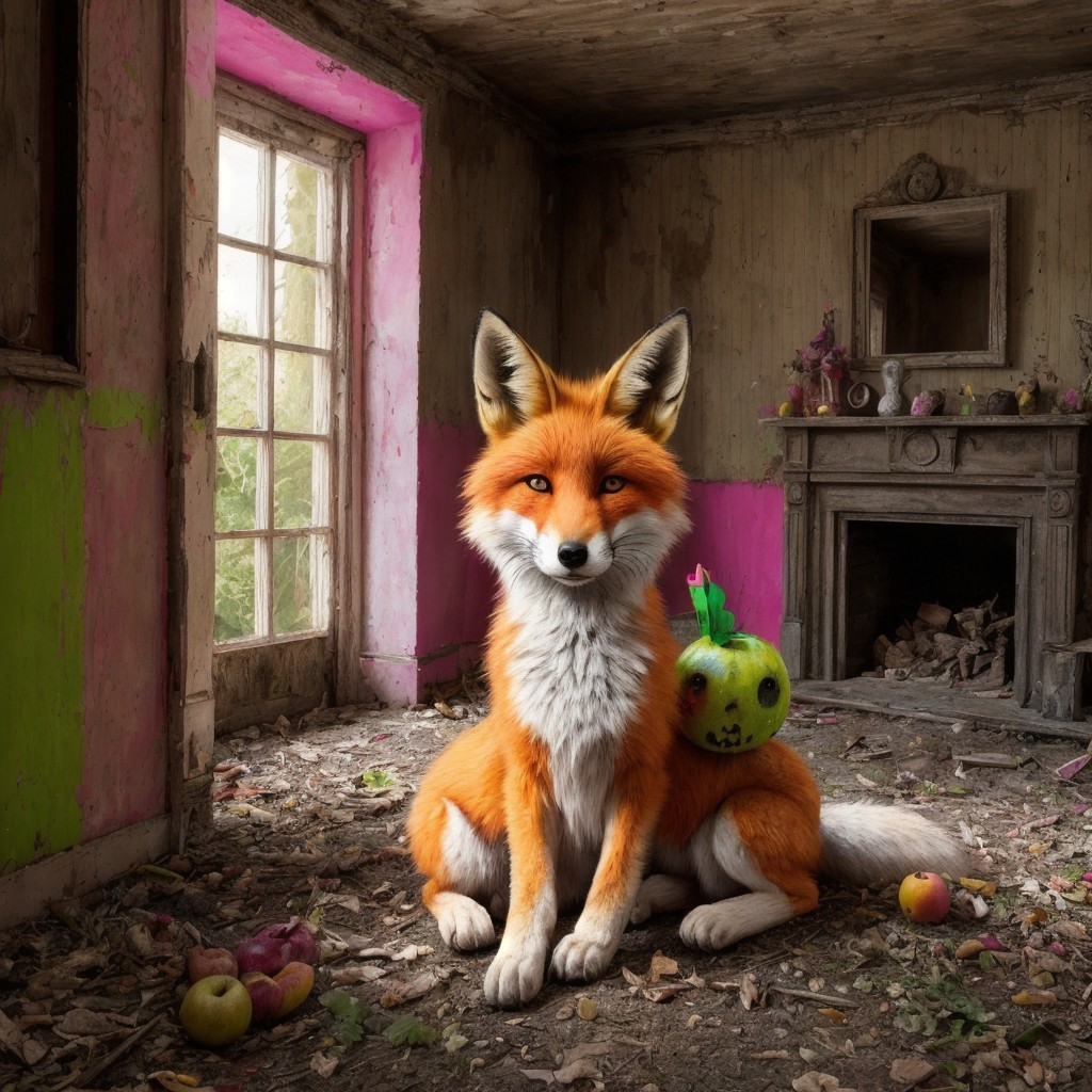 Majestic orange fox in a decaying, vibrant room