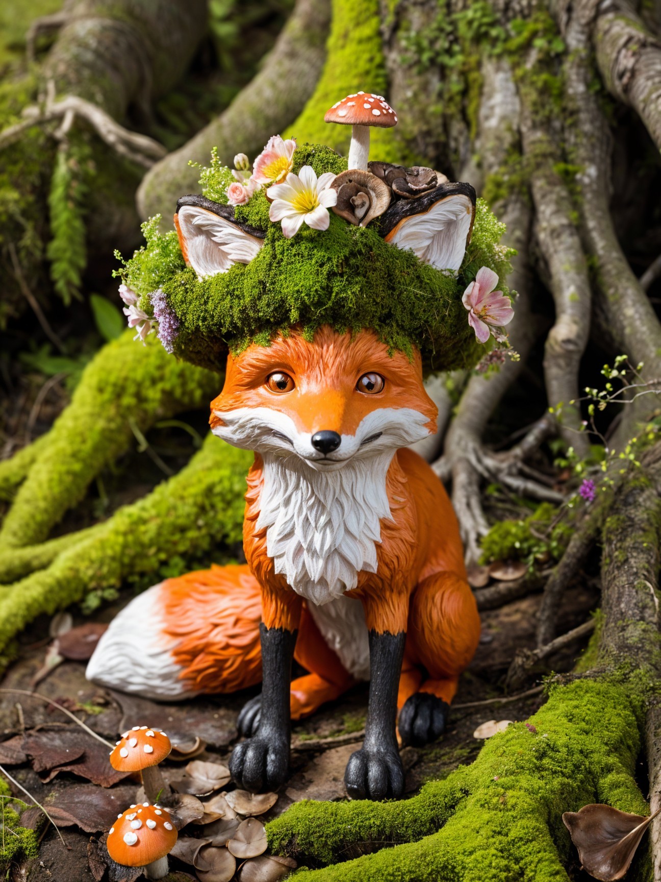 Charming Fox Sculpture with Floral Crown on Moss
