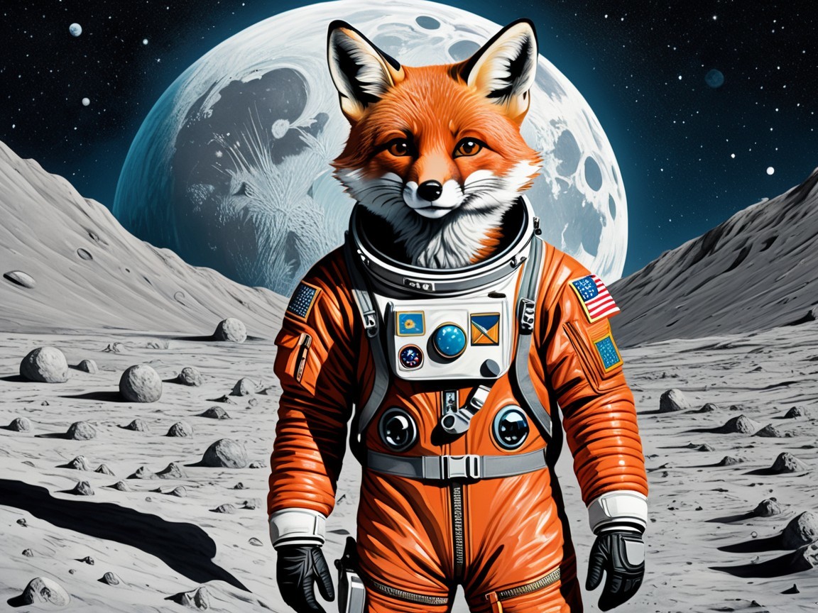 Fox in Orange Astronaut Suit on Lunar Landscape