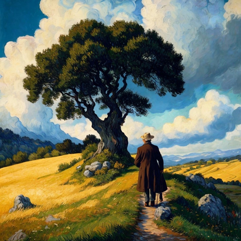 Man in coat walks through golden field landscape
