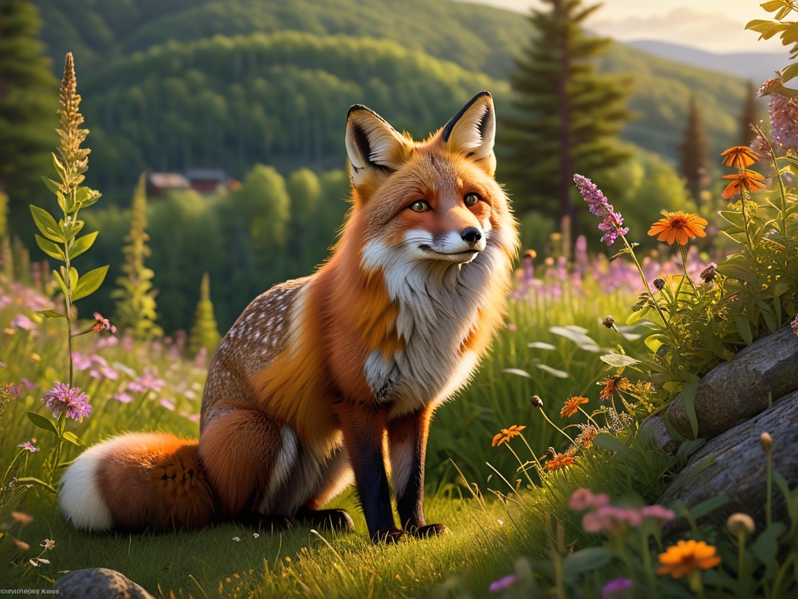 Anthropomorphic fox in a colorful meadow at sunset