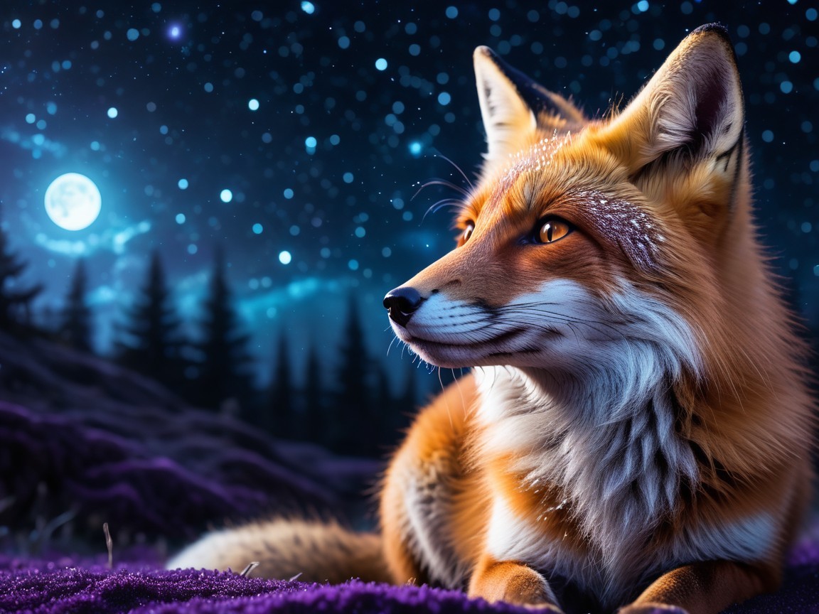 Majestic fox resting under a moonlit sky