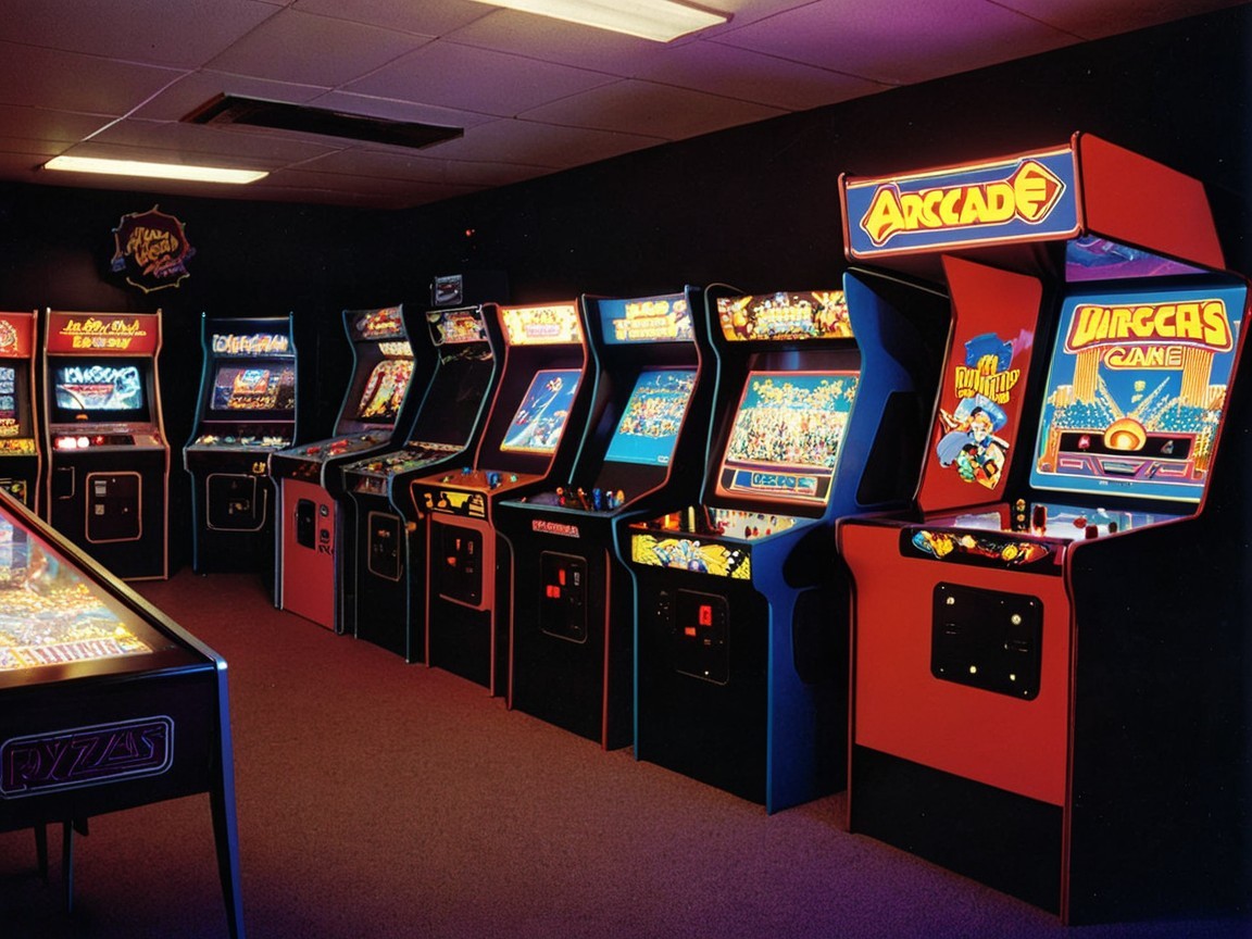 Nostalgic arcade scene with classic cabinets and neon lights