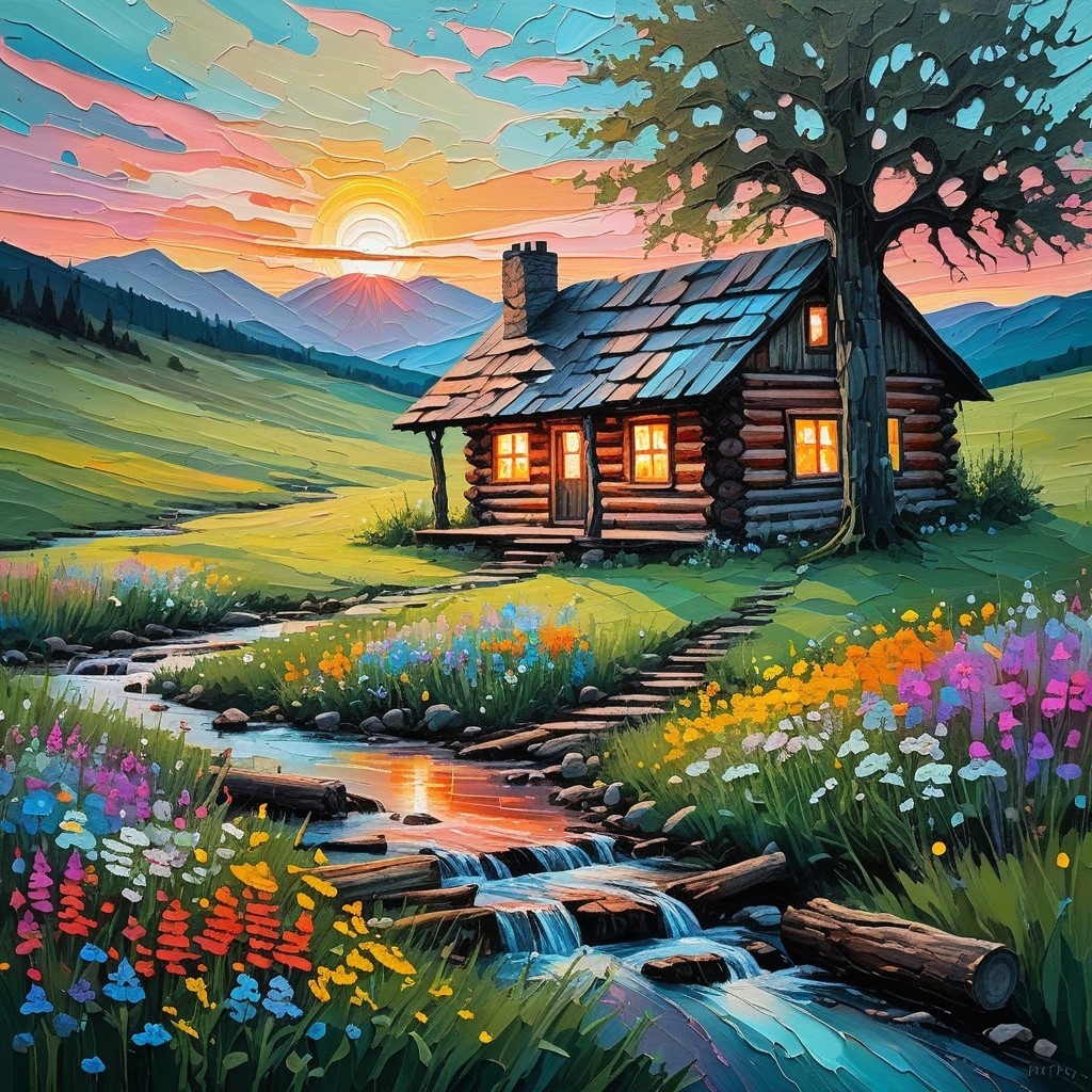 Log Cabin Surrounded by Wildflowers and Mountains