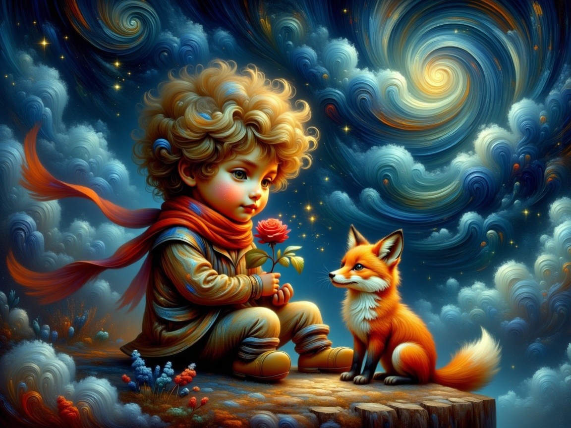 Child with rose and fox in a whimsical landscape