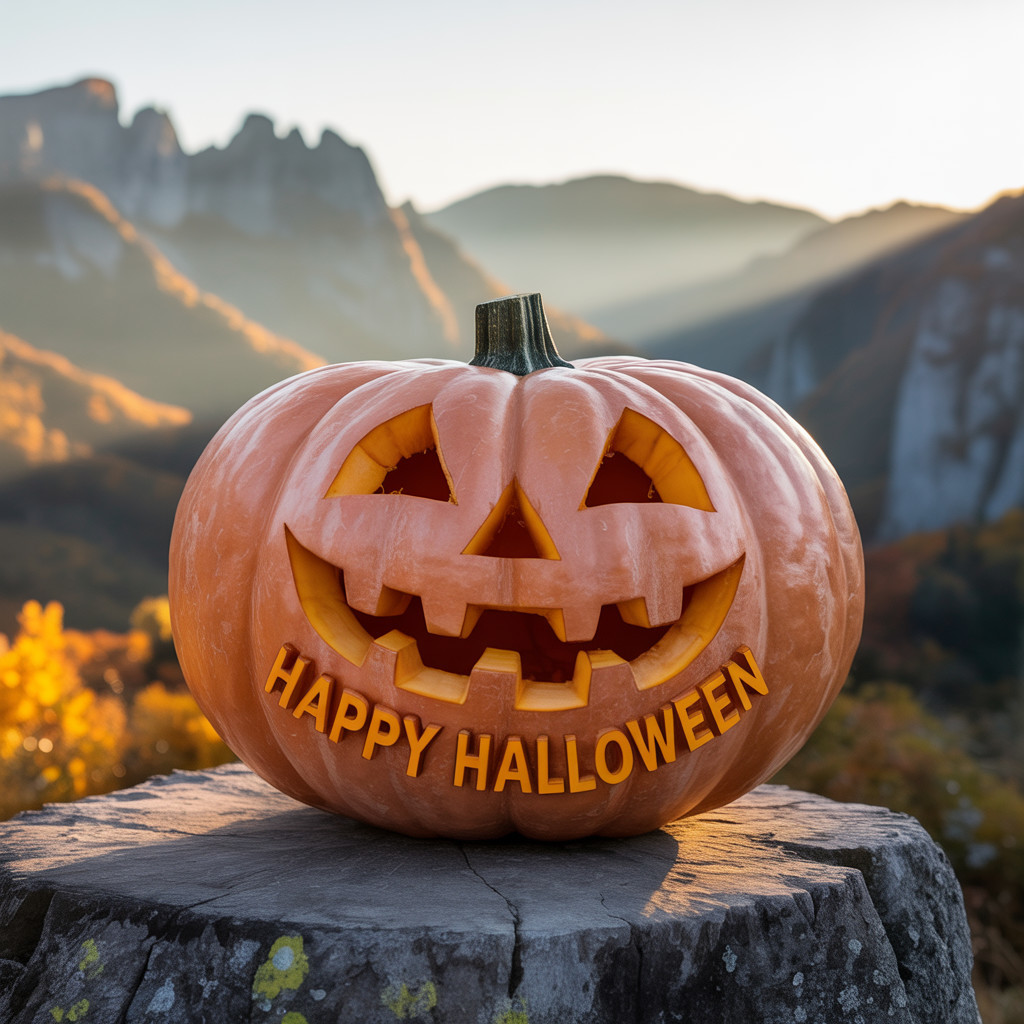 Carved Pumpkin with Autumn Landscape and Sunset