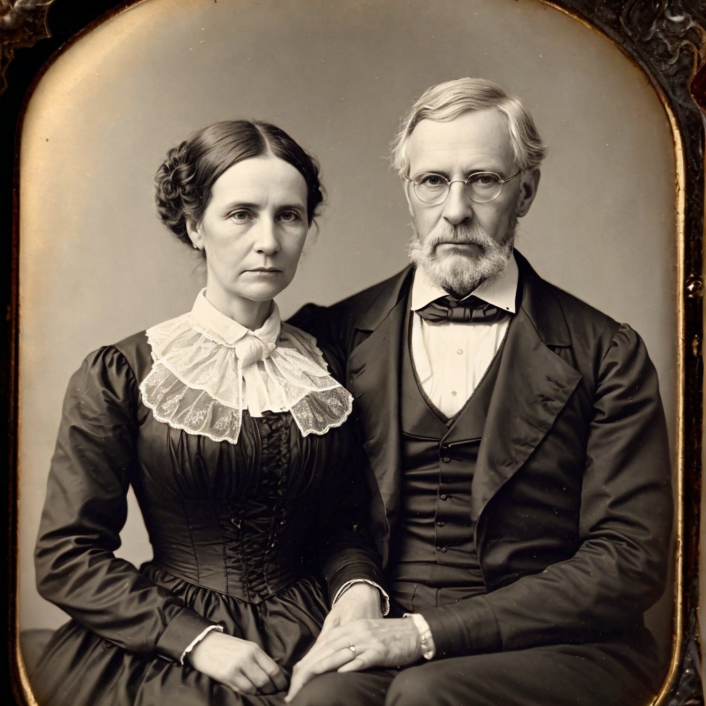 Somber Victorian Couple in Elegant Attire and Sepia Tone