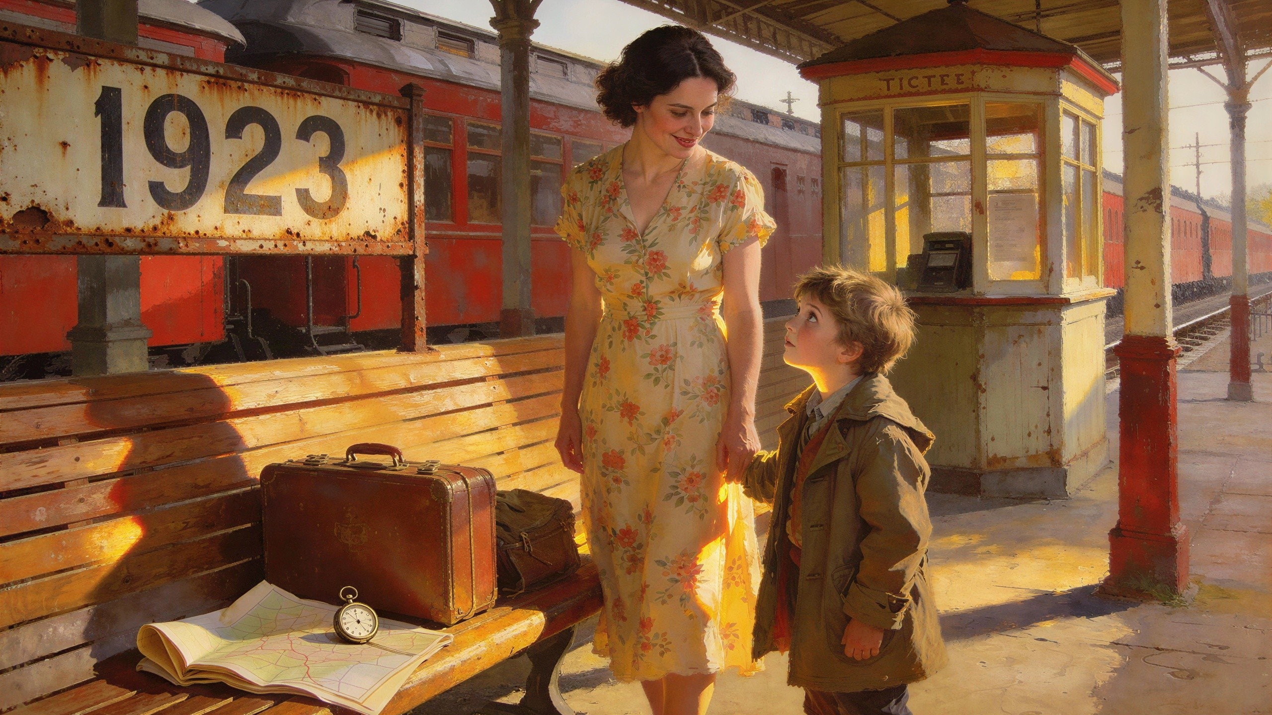 Woman and boy on train platform with vintage elements