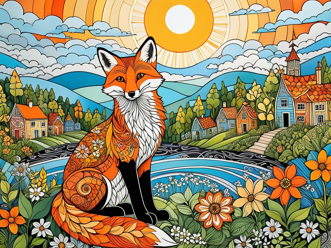 Stylized fox by river in vibrant floral landscape