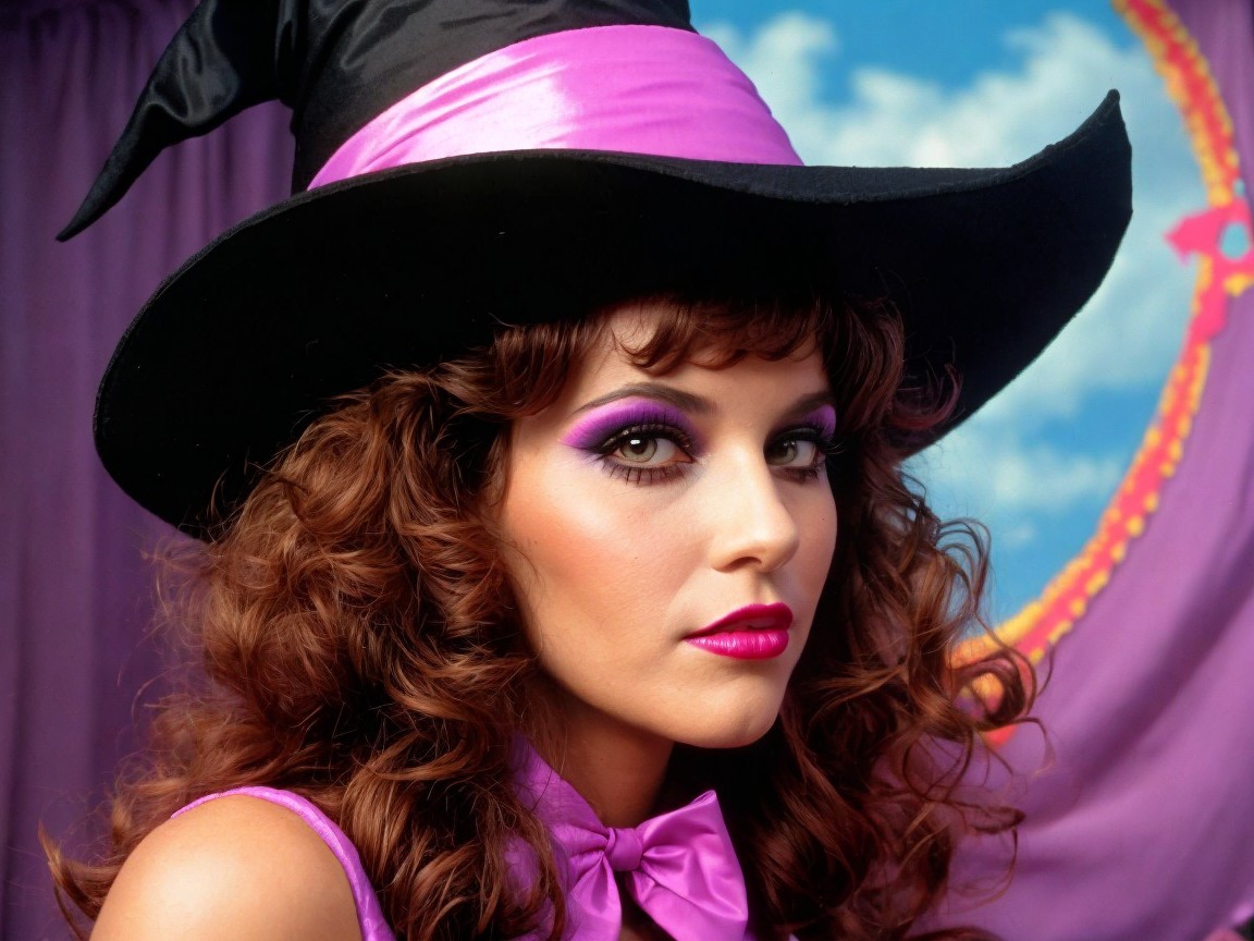 Glamorous Woman in Black Witch Hat with Purple Accents