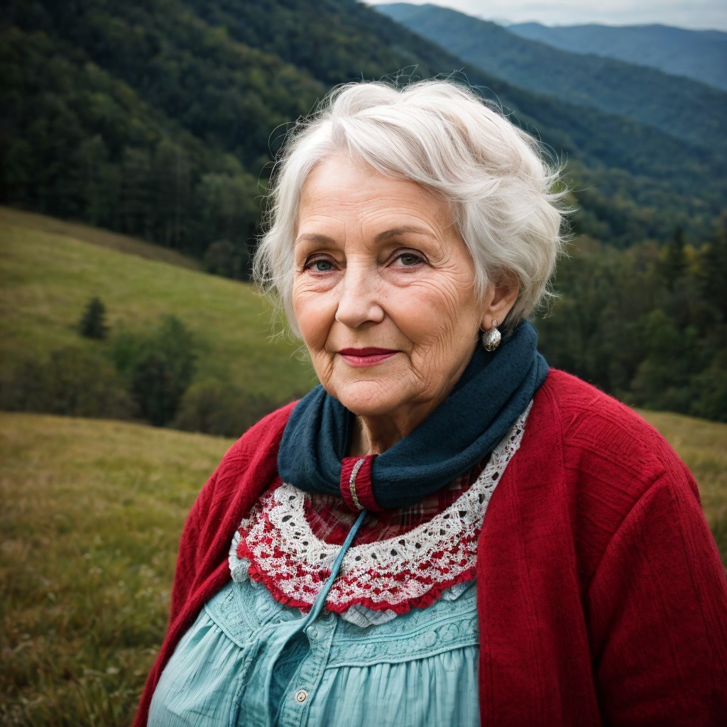 Elderly Woman in Scenic Valley with Rolling Hills