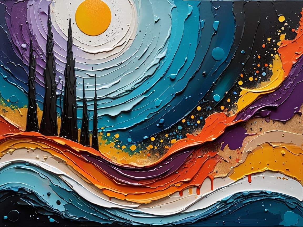 Abstract Impasto Oil Painting of Nighttime Landscape