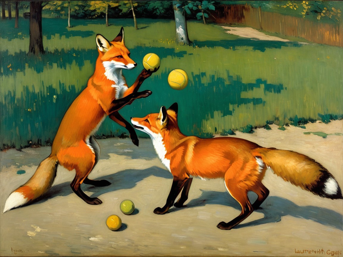 Playful foxes juggling in a vibrant natural setting