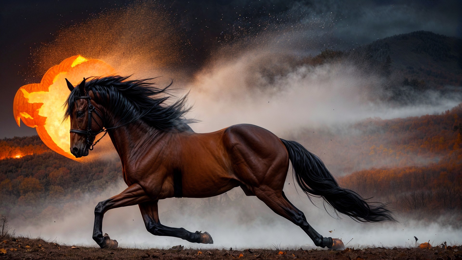 Majestic Brown Horse Galloping in Misty Landscape