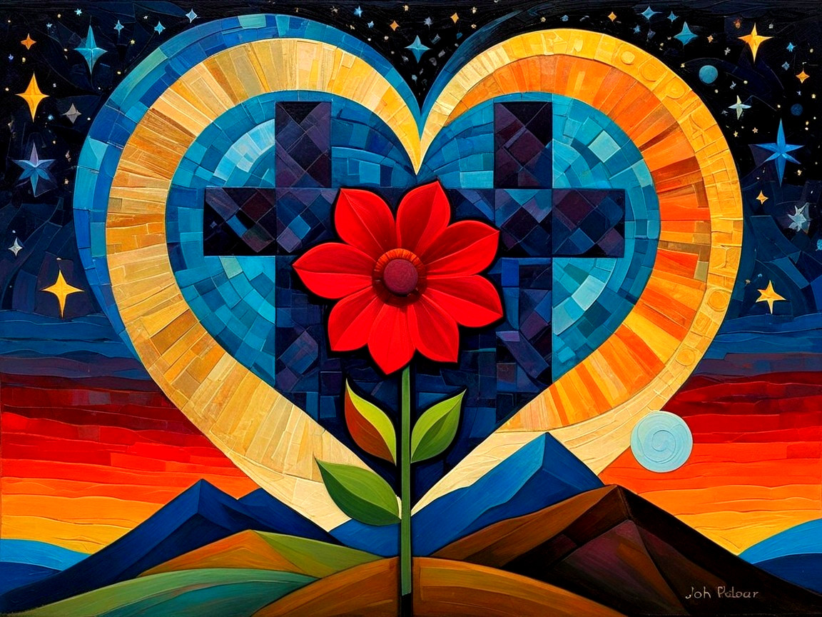 Vibrant Heart Design with Flower and Starry Sky