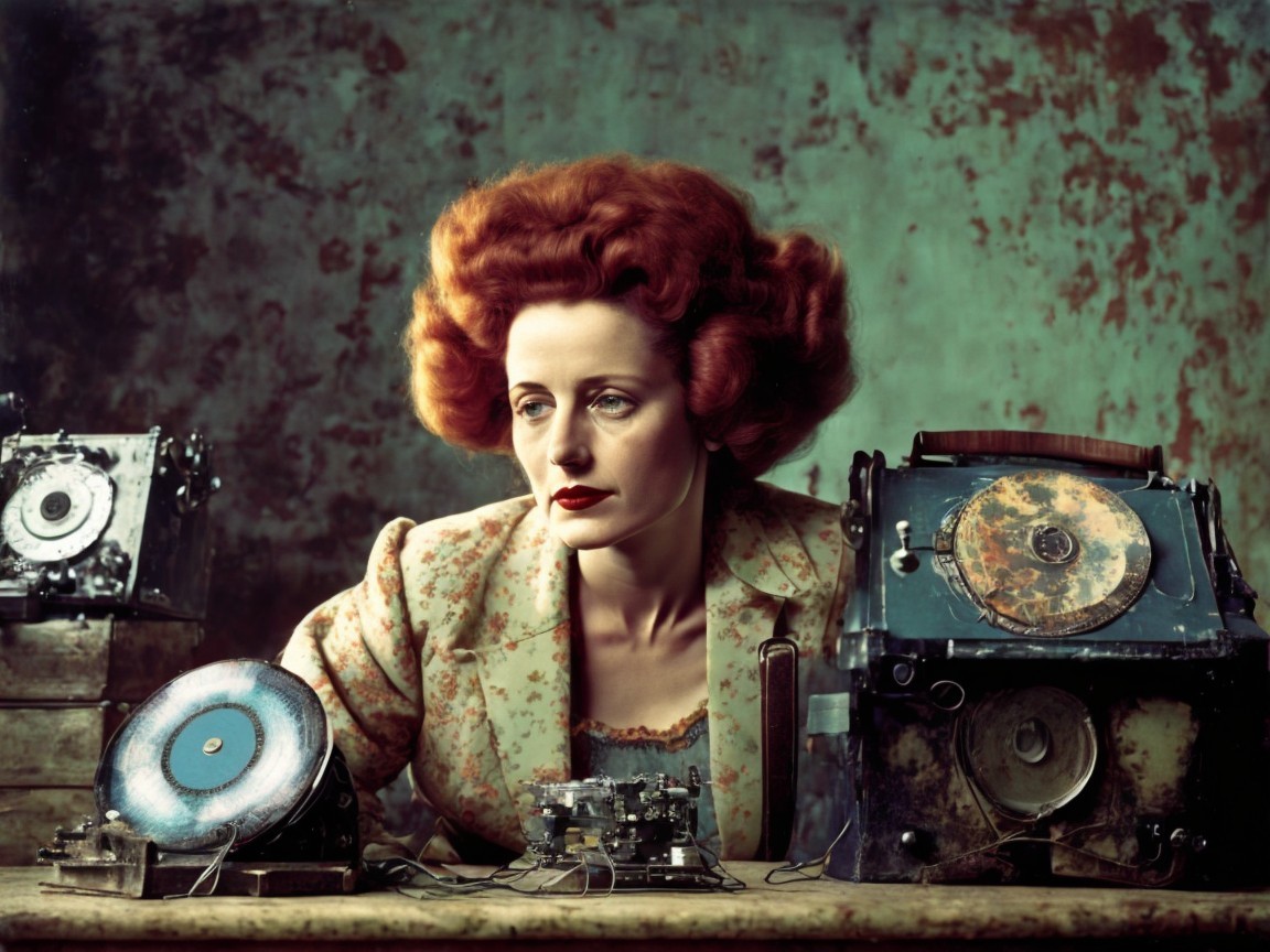 Redhead Woman Surrounded by Antique Machinery and Tools