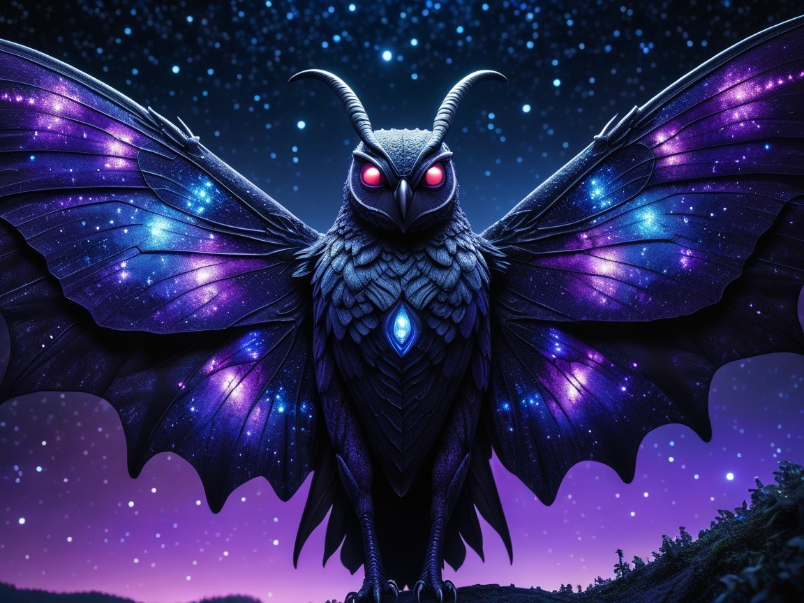 Cosmic Owl with Multicolored Wings in Night Sky