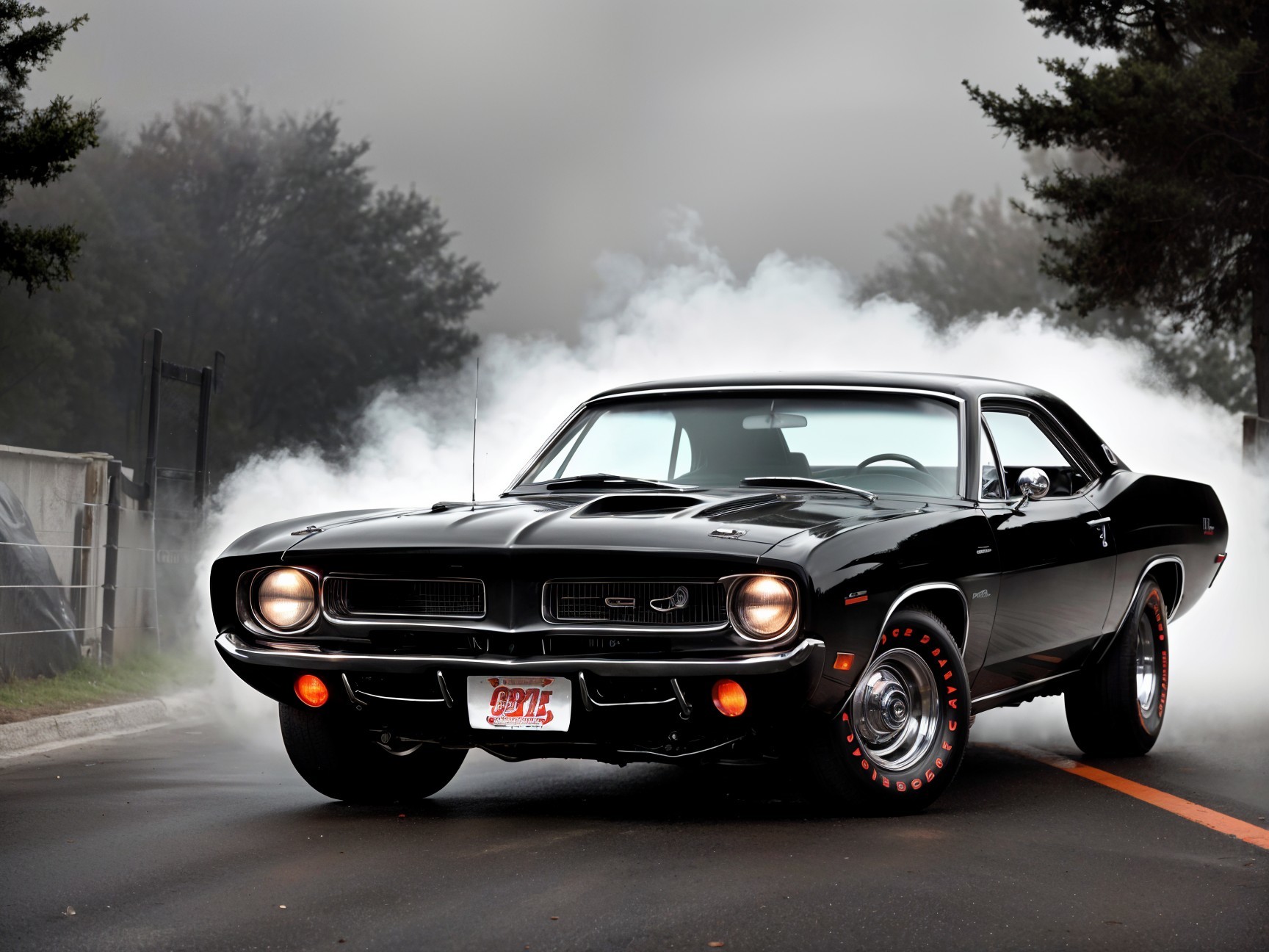Classic Black Muscle Car with Smoky Background