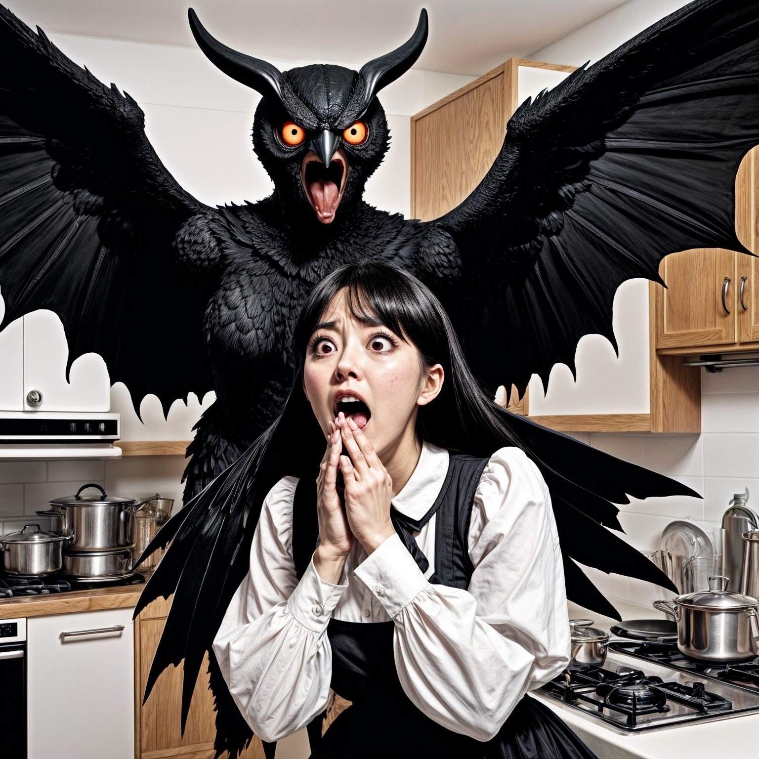 Woman in Shock Facing Menacing Mythical Creature