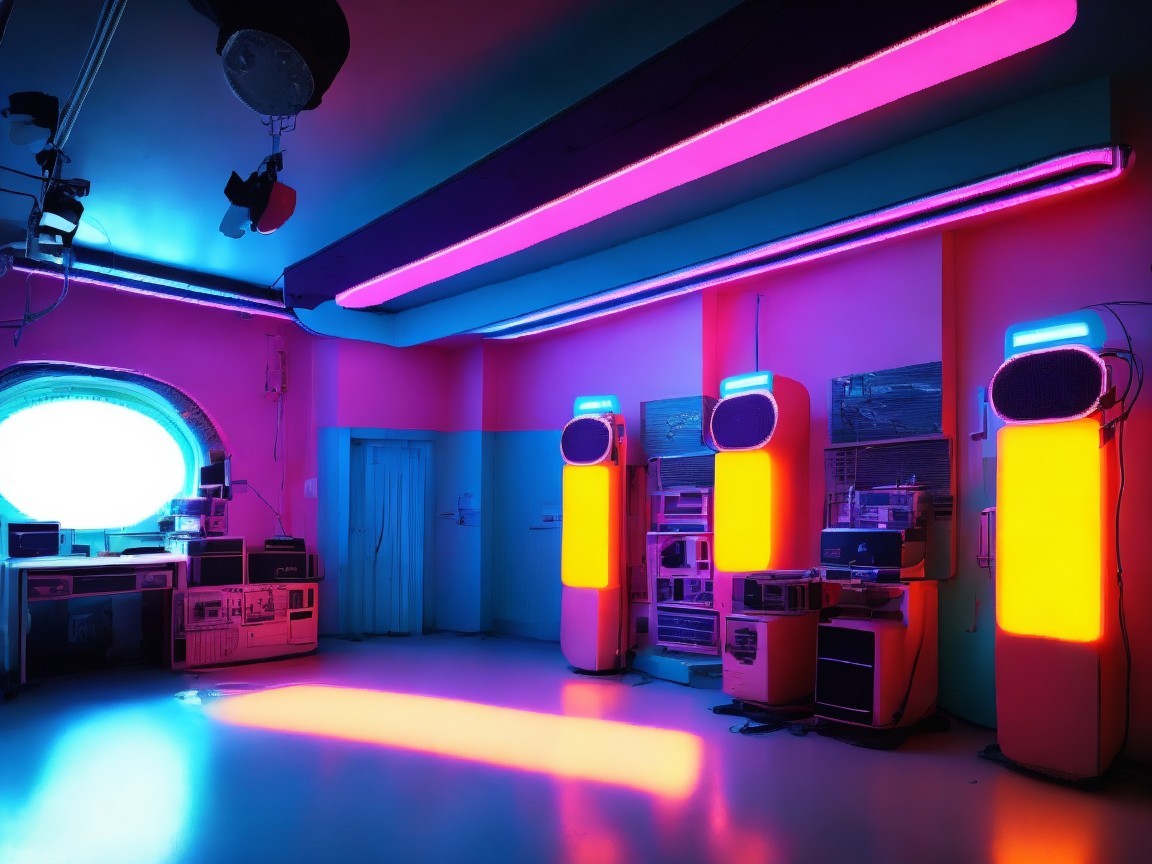 Futuristic Room with Neon Lights and Modern Technology