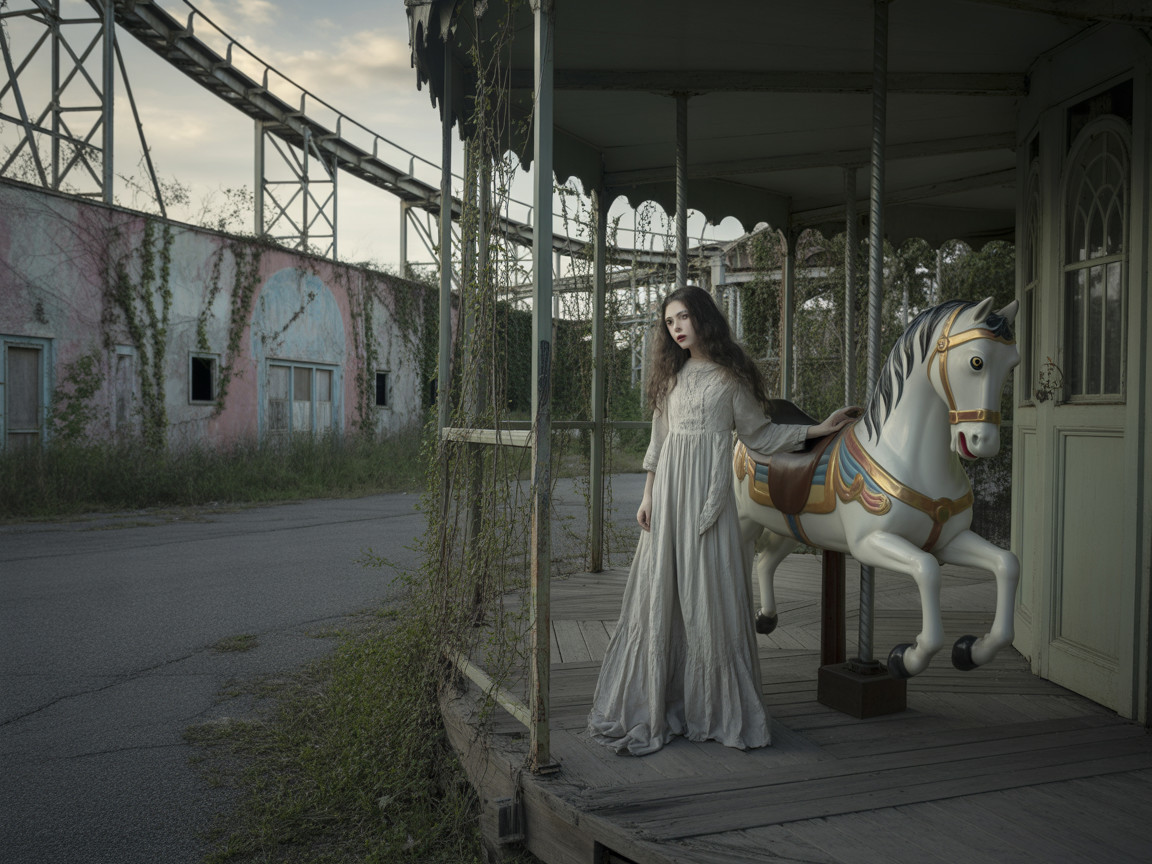 Abandoned Amusement Park with Vintage Gown and Carousel