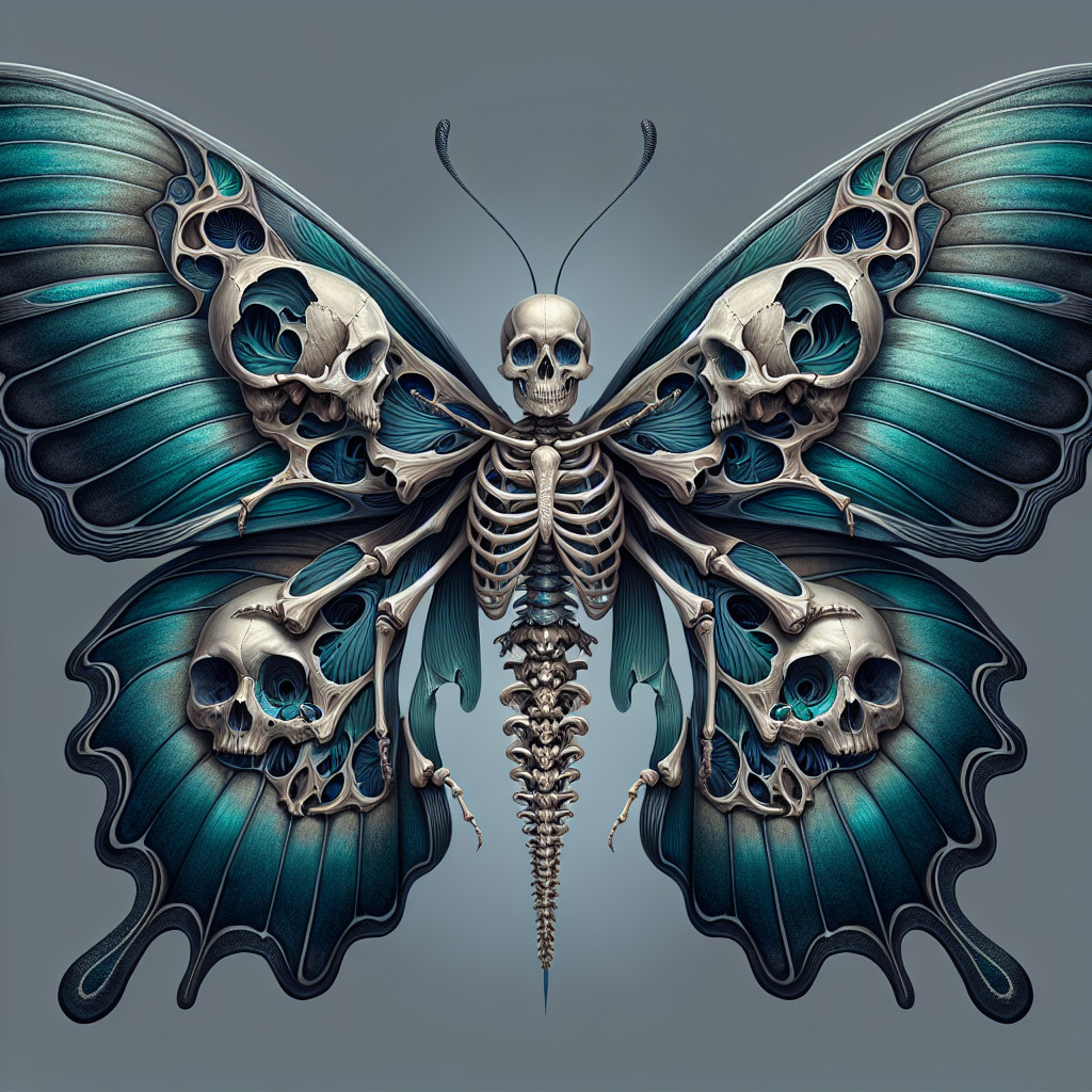 Intricate Butterfly Design with Teal Wings and Skulls