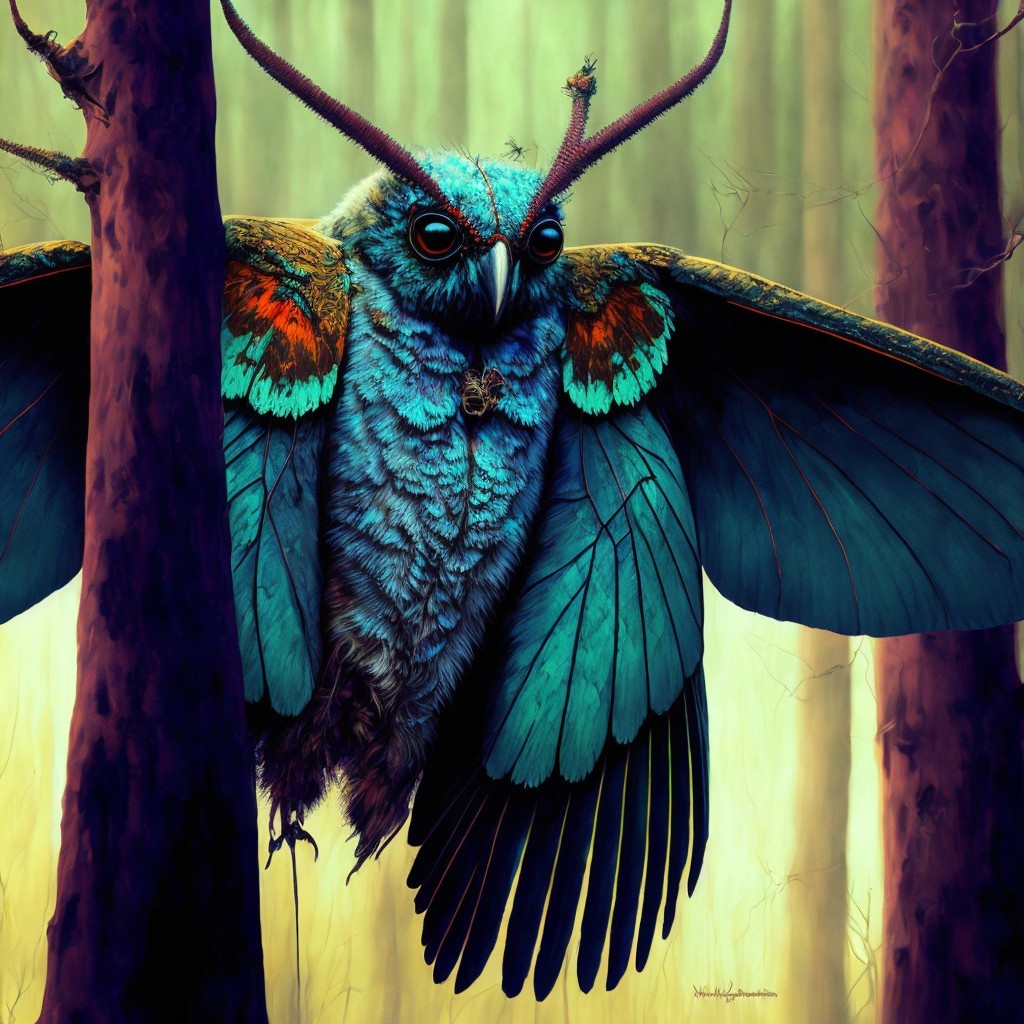 Fantastical Creature with Owl Body and Butterfly Wings