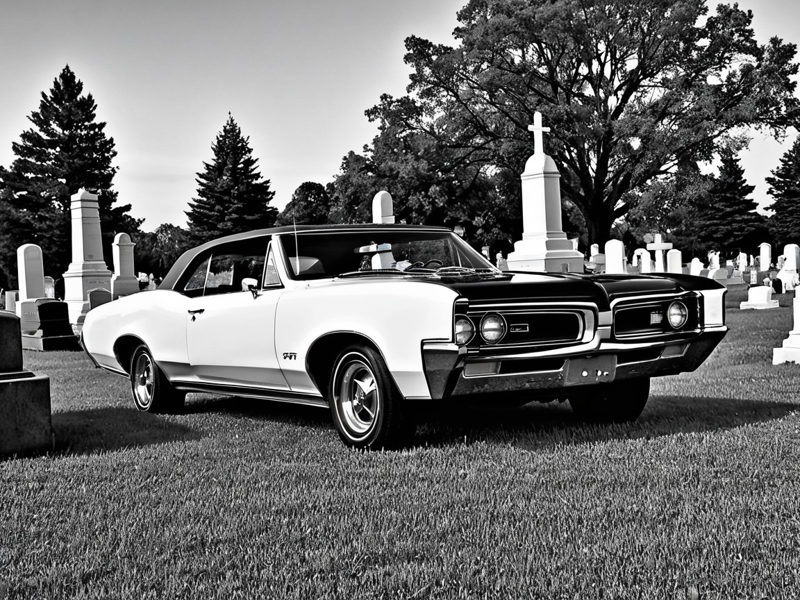 Classic Car in Serene Cemetery Setting