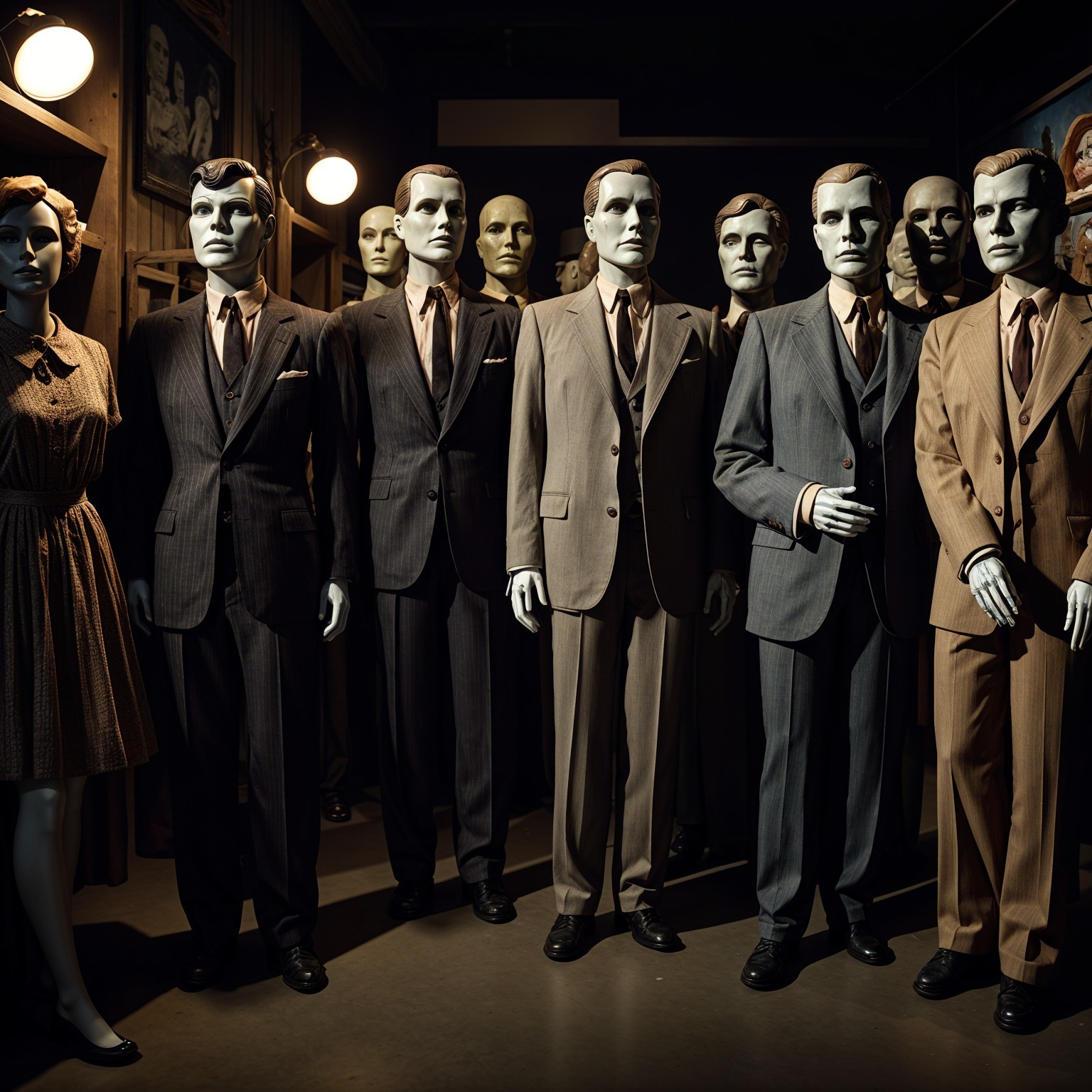 Vintage Mannequins in Formal Attire in Dim Room