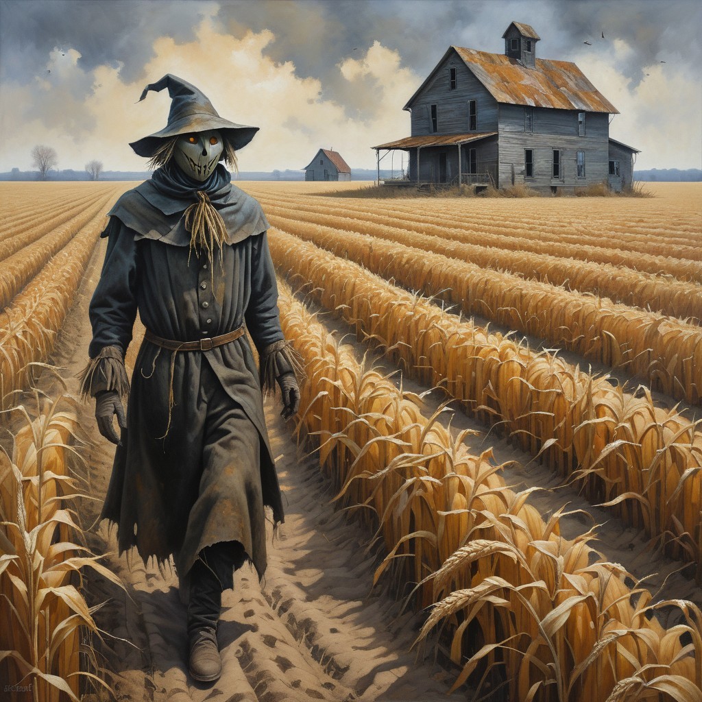 Sinister Scarecrow in Golden Cornfield Landscape