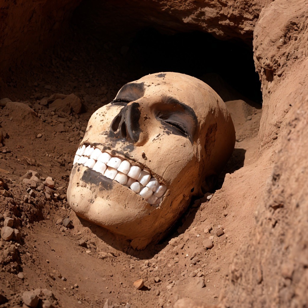 Human skull partially buried in soil with painted features