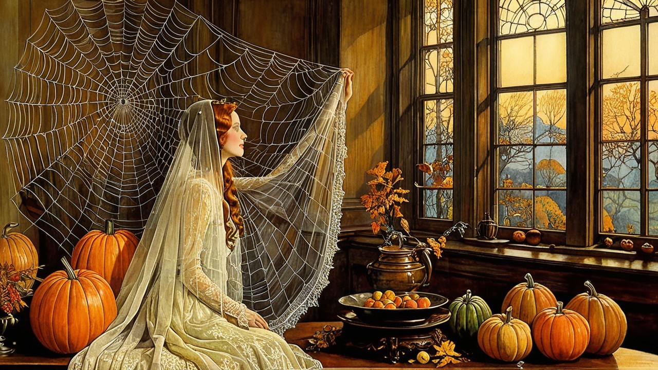 Young Woman in White Gown by Window with Autumn Decor