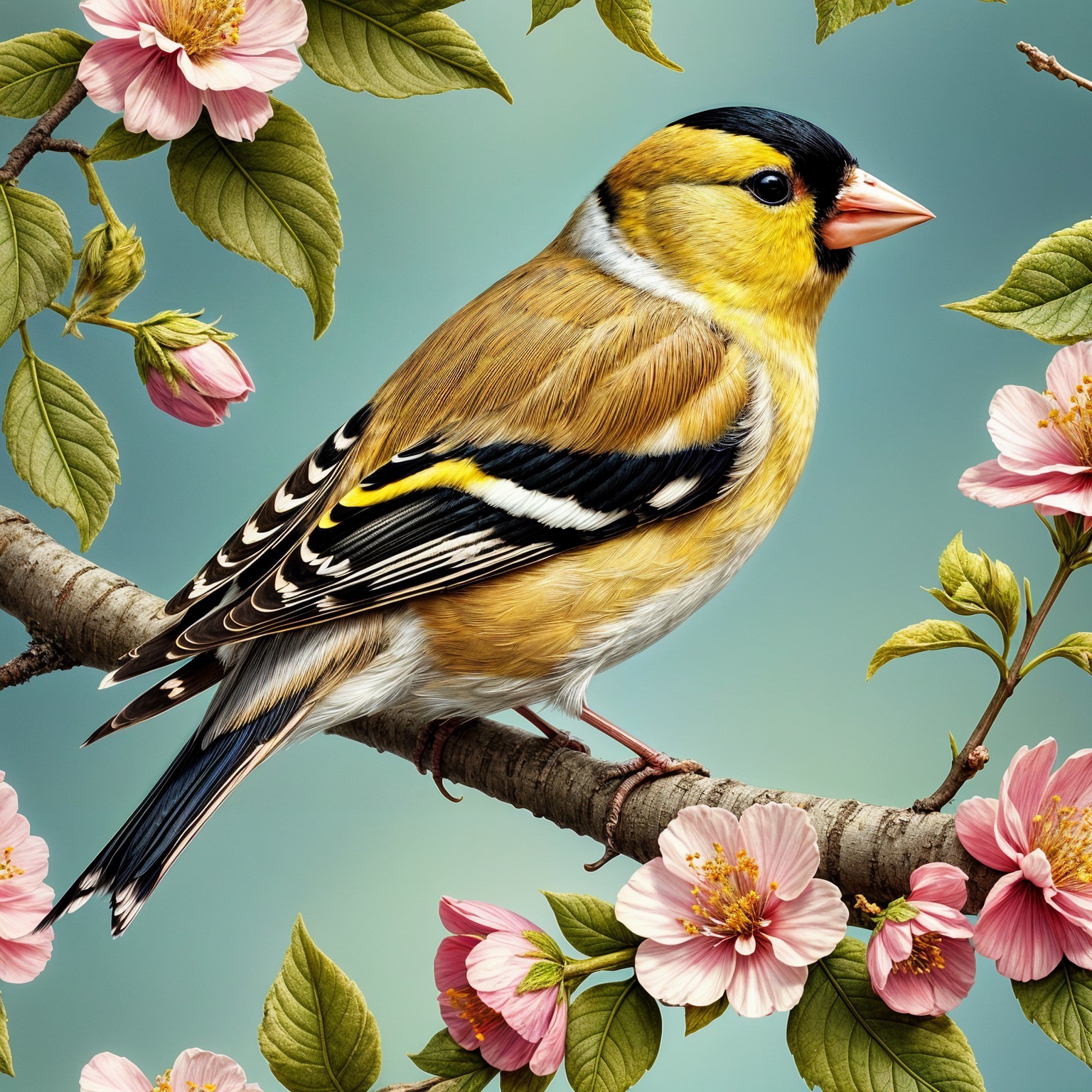 Goldfinch on Branch with Pink Flowers in Spring Scene