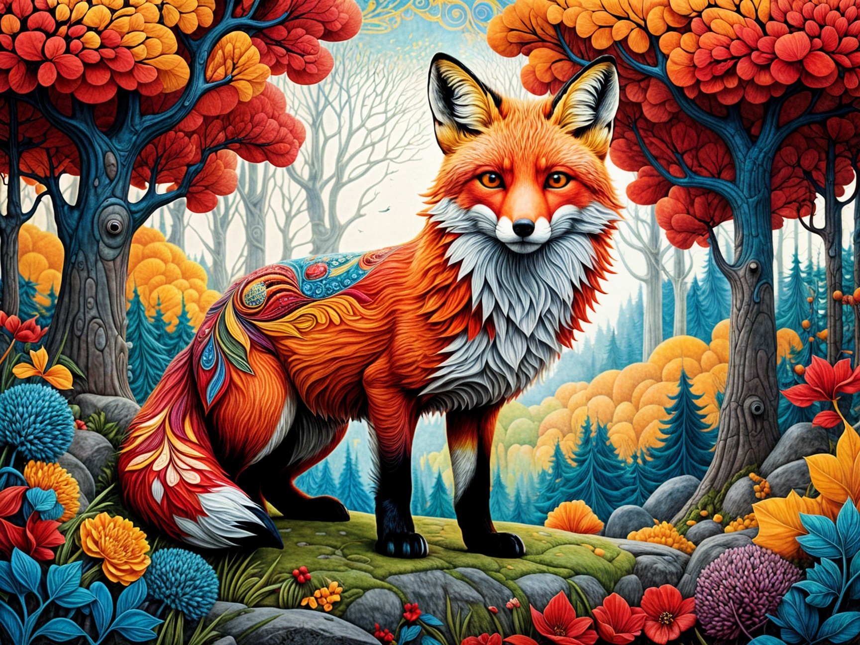 Illustration of a fox in a colorful autumn forest