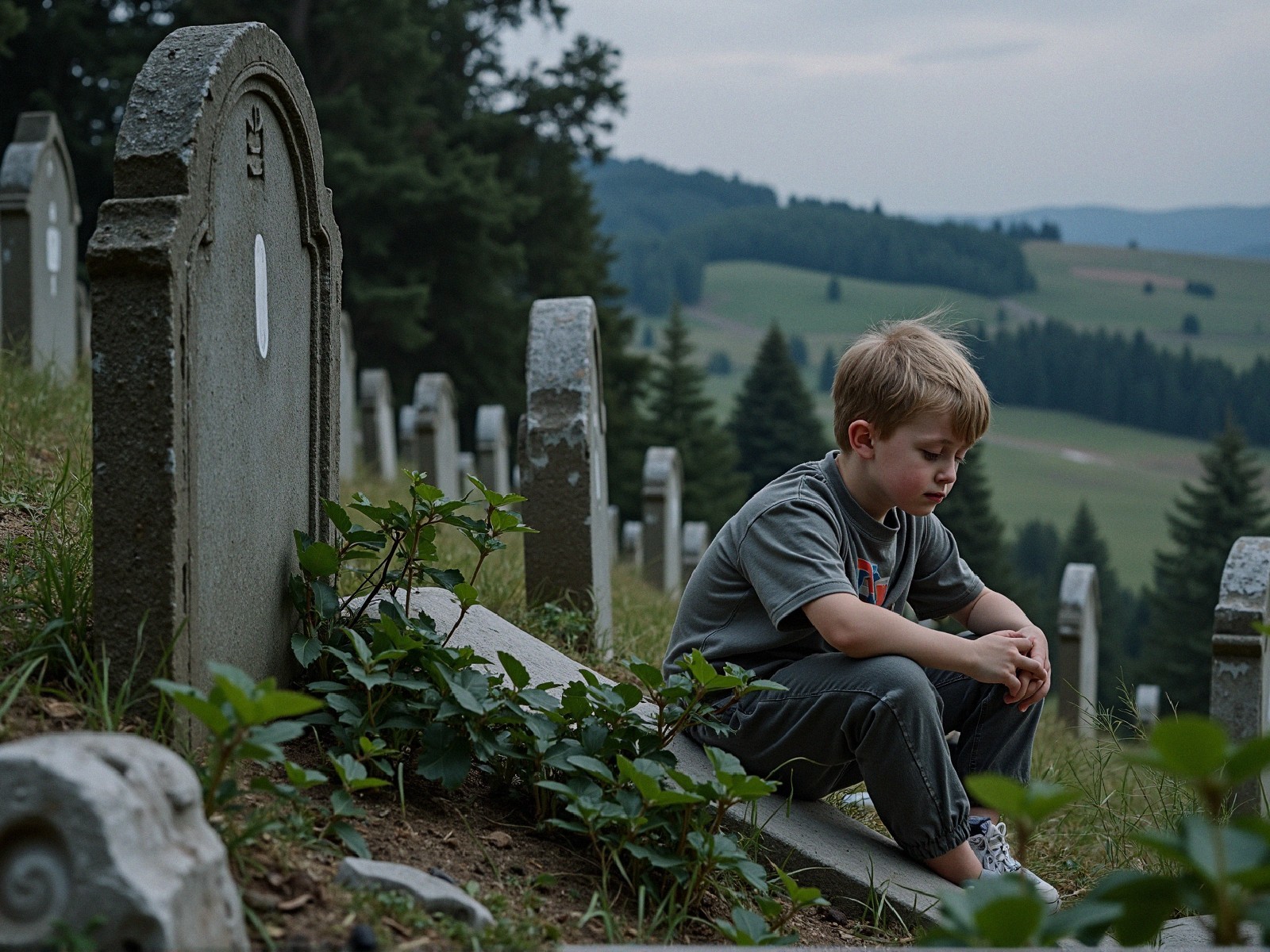 Young boy in a cemetery reflecting by gravestone