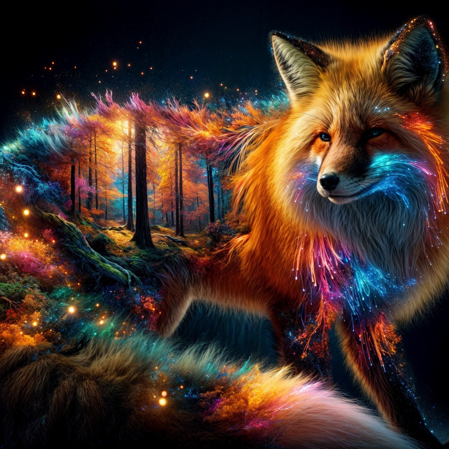 Vibrant Mystical Fox in Enchanted Forest Landscape