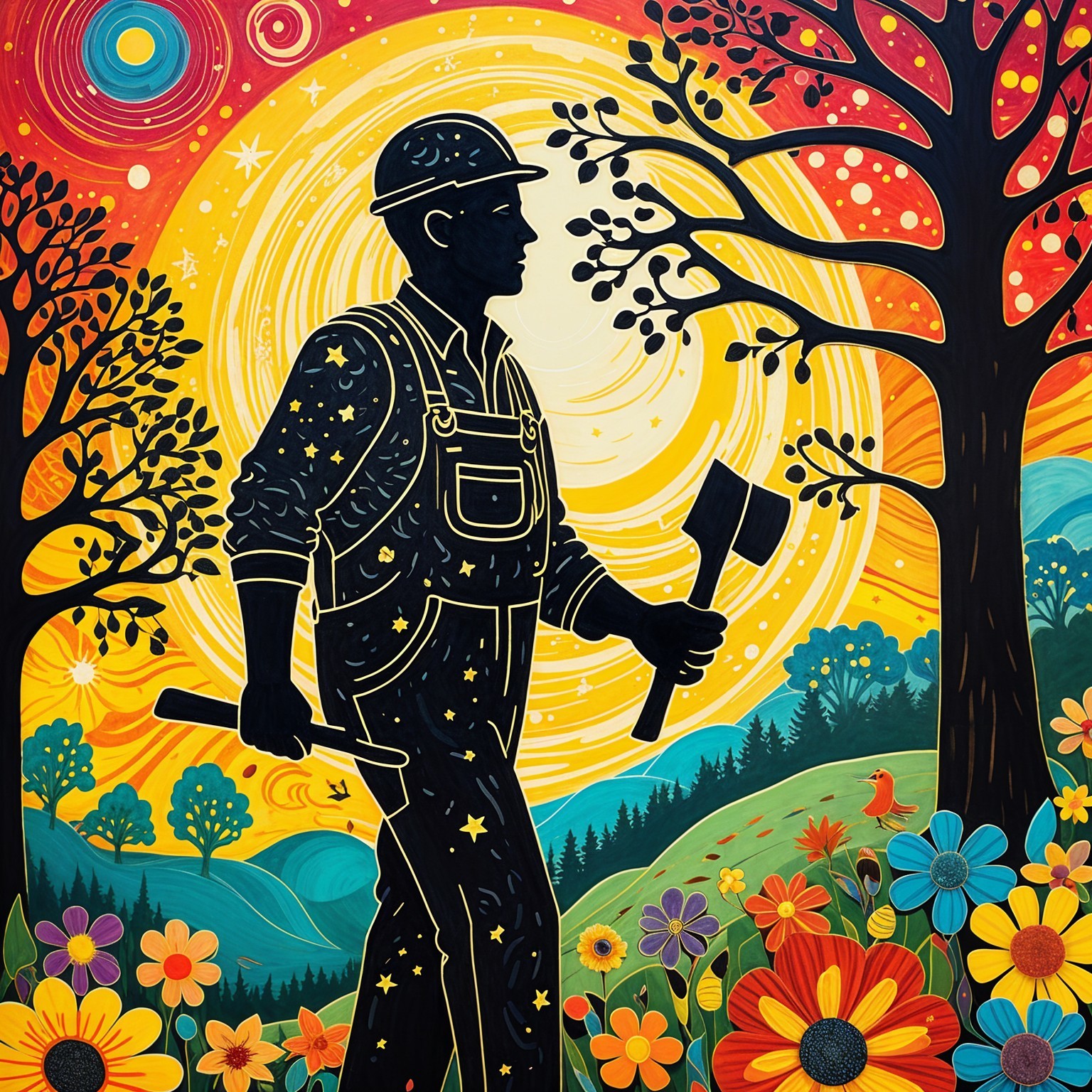 Vibrant Worker Silhouette in Whimsical Nature Scene