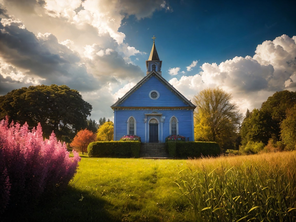 Charming Blue Church in Vibrant Natural Landscape