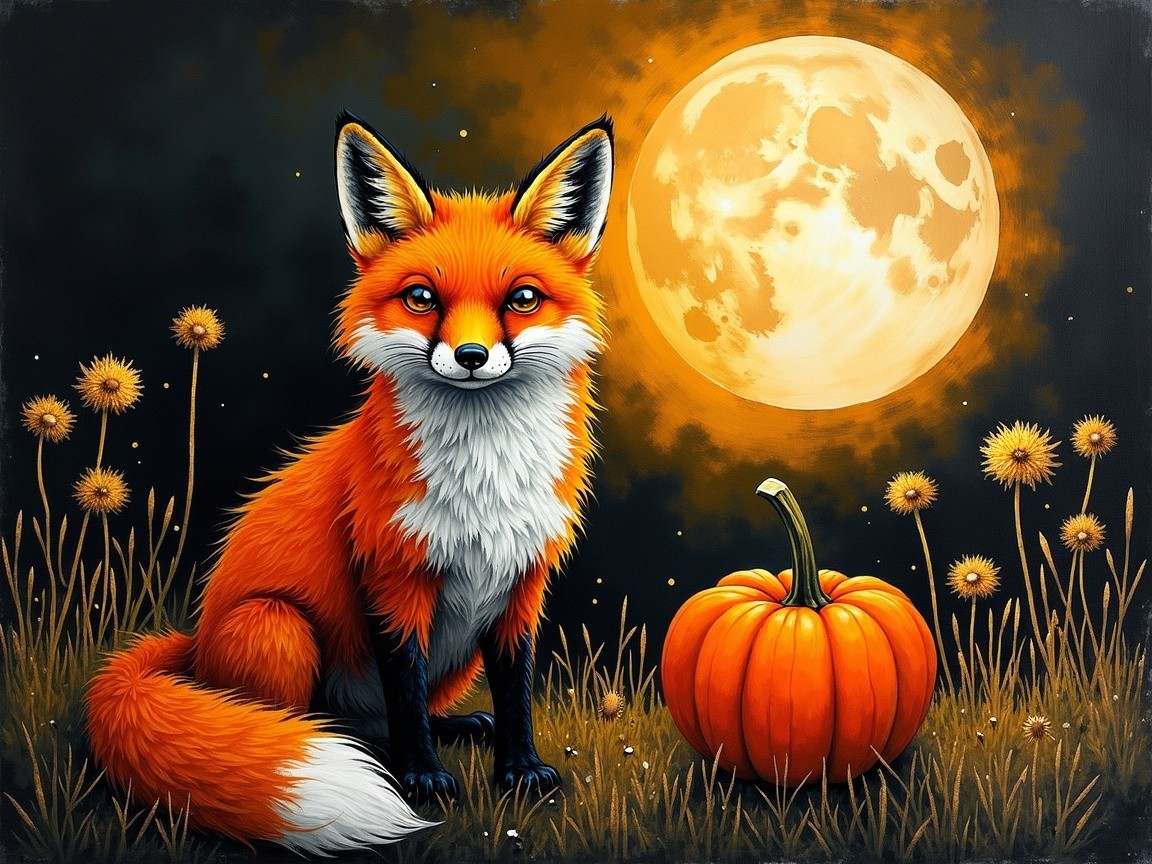 Whimsical Fox in a Moonlit Field with Pumpkin