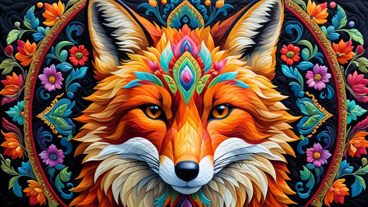 Vibrant Artwork of a Fox Surrounded by Floral Patterns