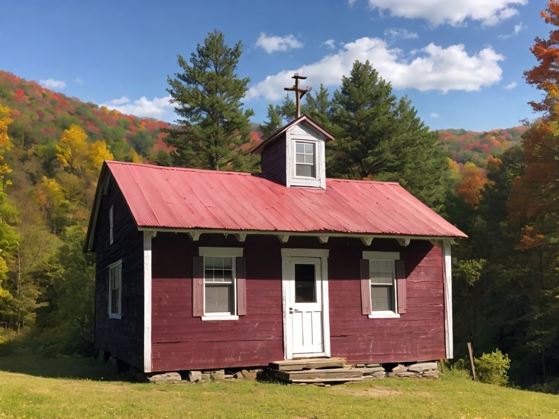 Rustic red cabin in autumn forest setting with blue sky