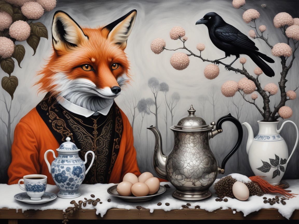 Whimsical scene with a fox in a jacket and teapot