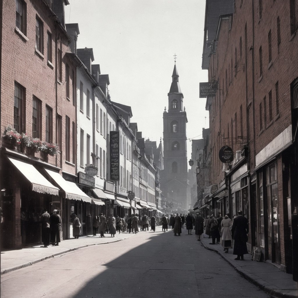 Historic Street with Brick Buildings and Clock Tower