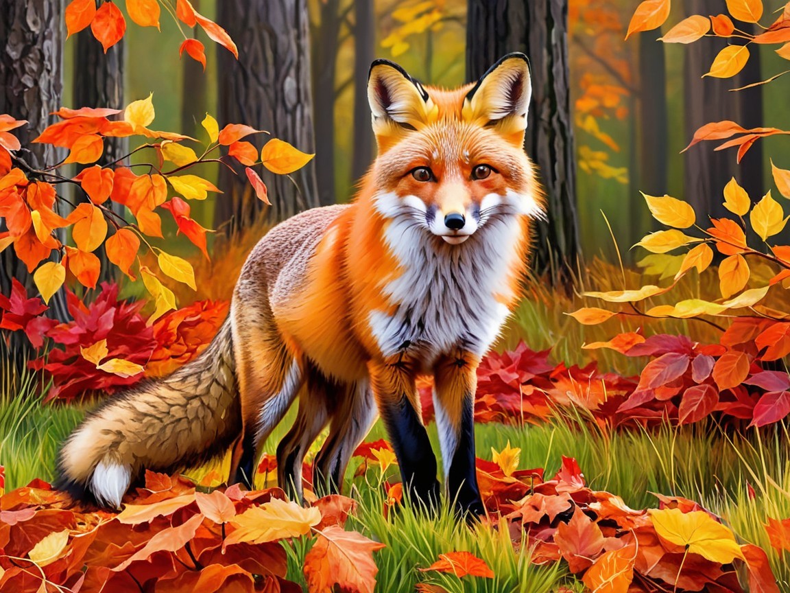 Red Fox Among Autumn Leaves in Forest Setting