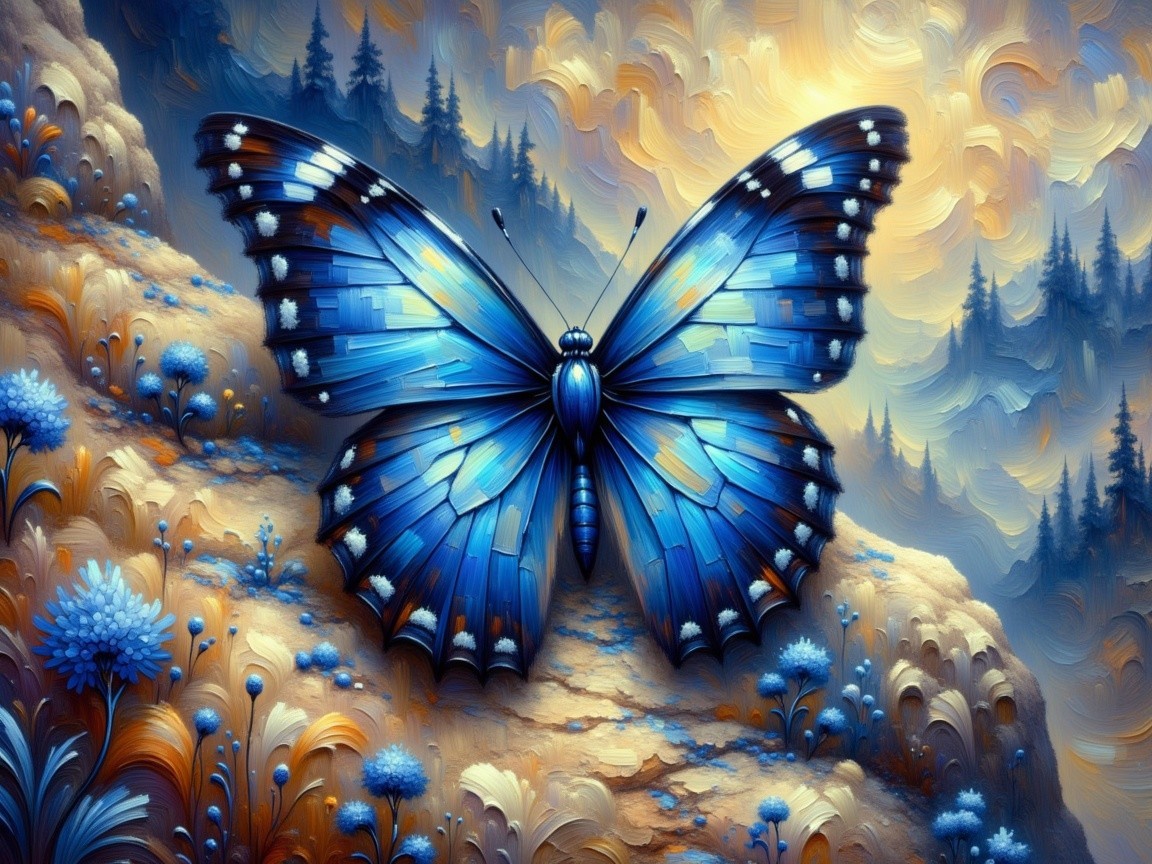 Blue Butterfly with Detailed Wings in Serene Landscape