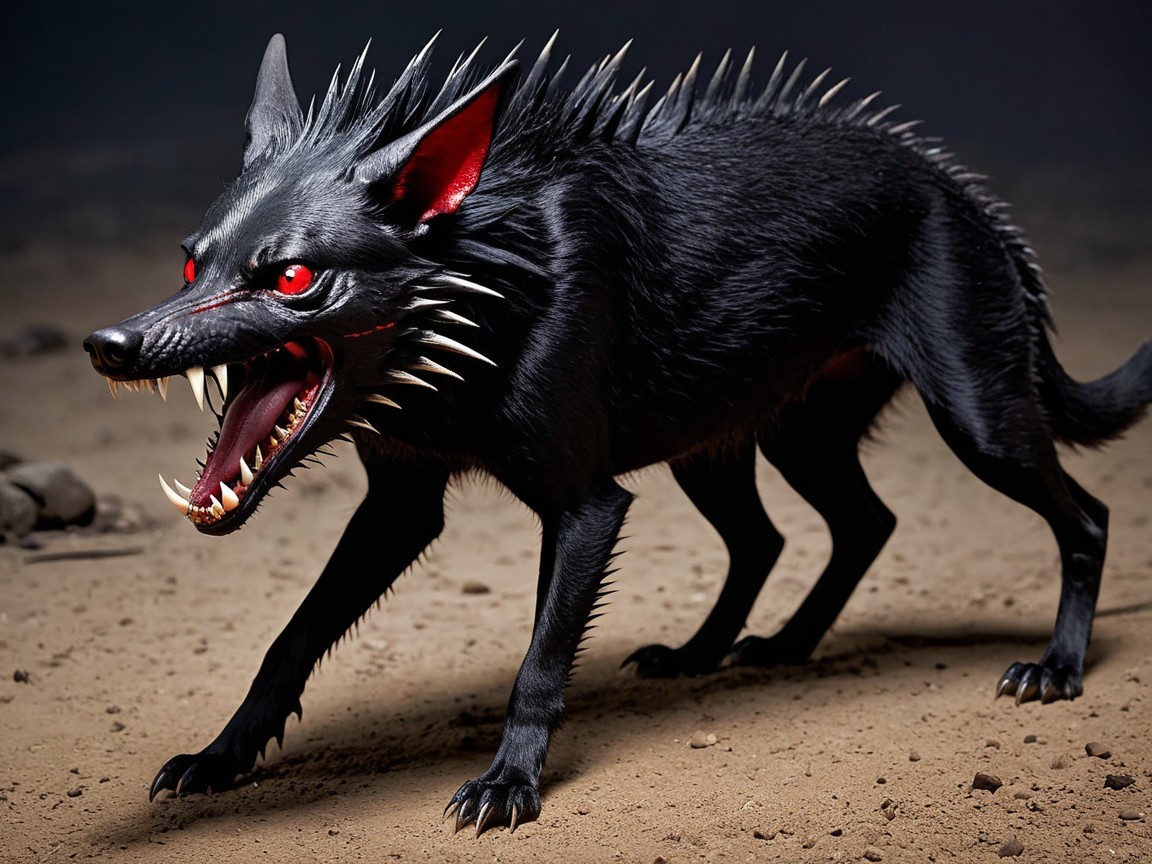 Menacing black dog-like creature with spikes and red eyes