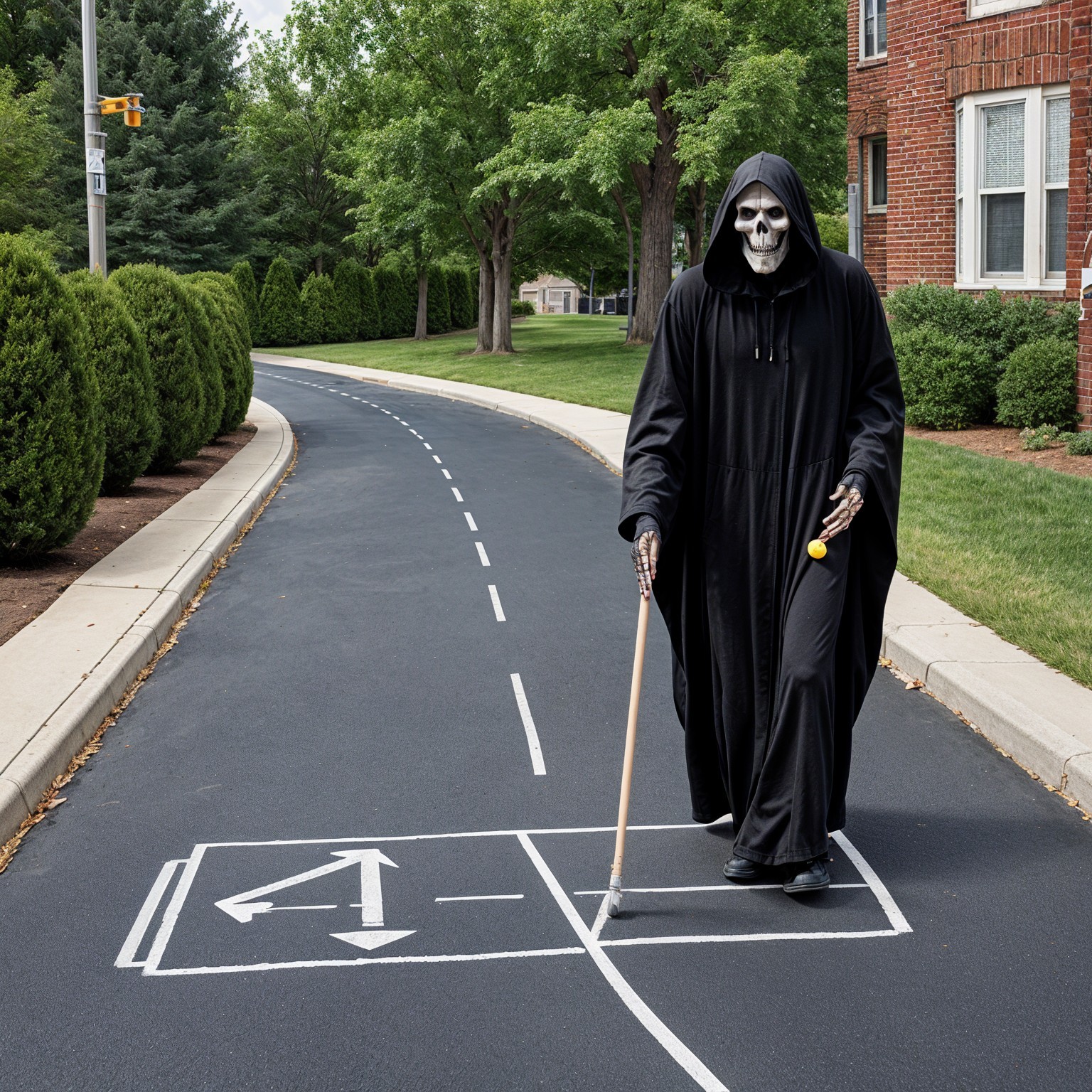 Skeletal Figure in Cloak Walking Suburban Road