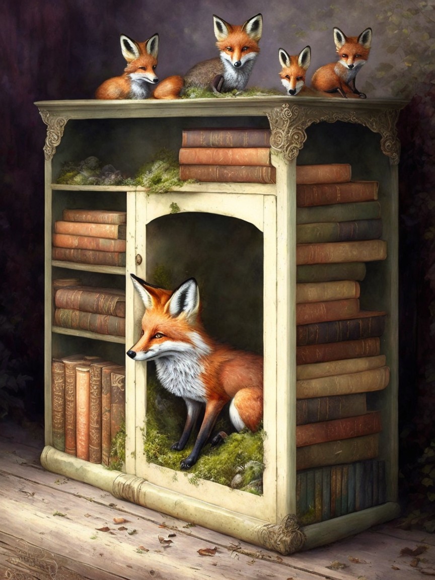 Whimsical Vintage Bookshelf with Foxes and Moss