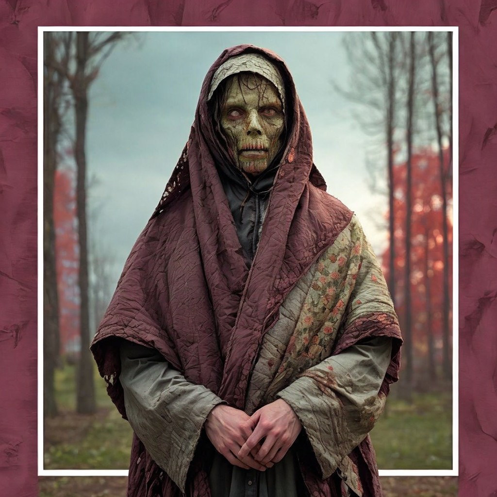 Haunting Figure in Dark Cloak Amid Autumn Forest